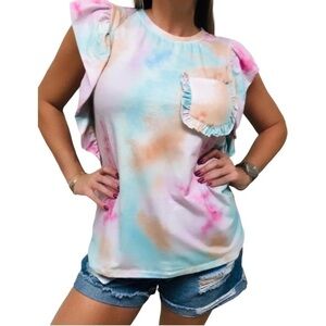 NO BRAND, NWOT, GREEN/PINK/TAN, TIE DYED SHIRT. RUFFLED CAP SLEEVE. NO SIZE